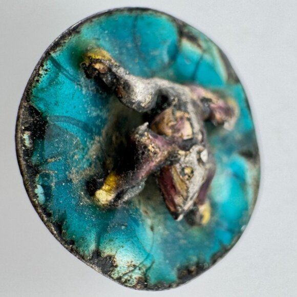 Chinese Antique Enamel Metal Frog Button Lily Pad Symbolizing Wealth & Prosperit - Picture 5 of 6